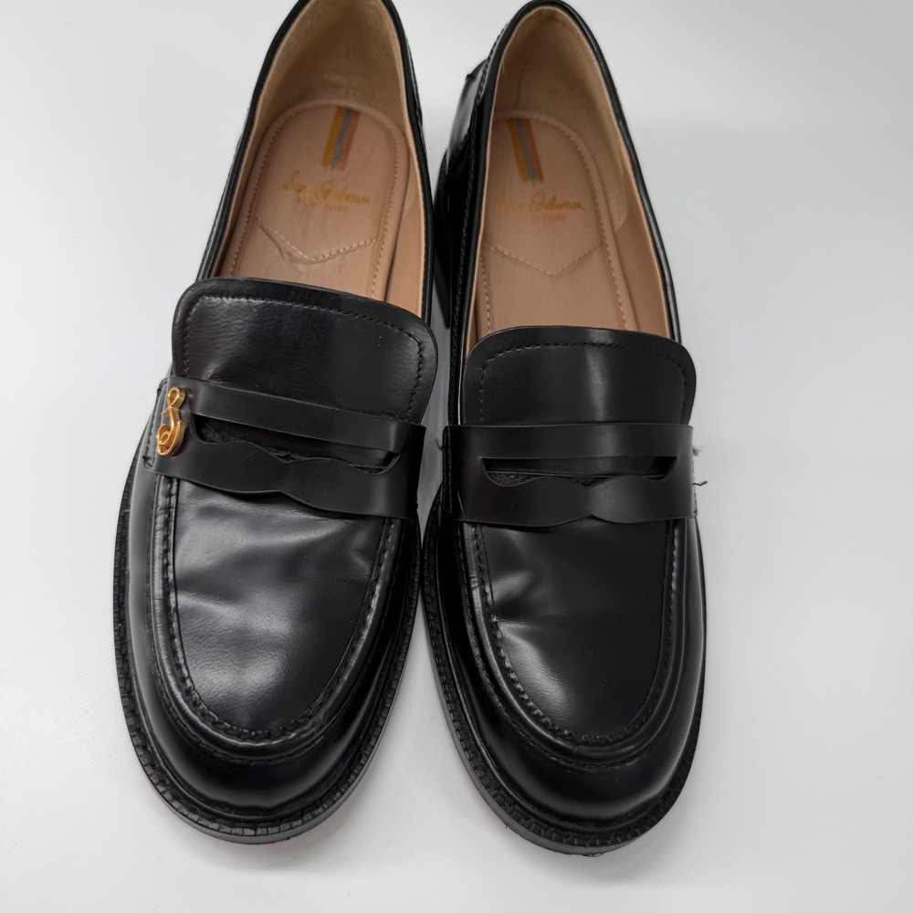 Sam Edelman Colin Loafers Women 7.5 Black Good Leather Scalloped Penny Slip On - Picture 2 of 6